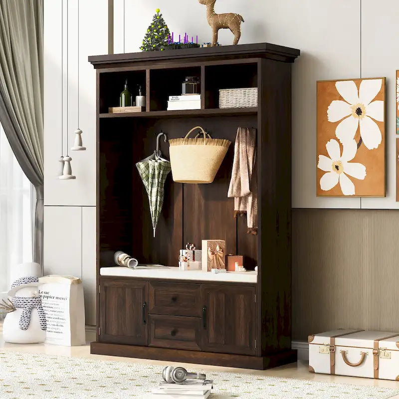 3-in-1 Design Hall Tree with 3 Hooks and Storage Bench - 47.24W x 70.9H x 15.74D