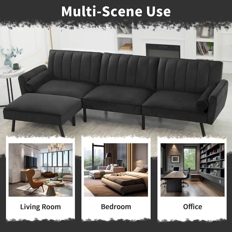 Convertible Sofa Sleeper Futon with Chaise Ottoman for Office, Velvet Futon Sofa Bed Couch