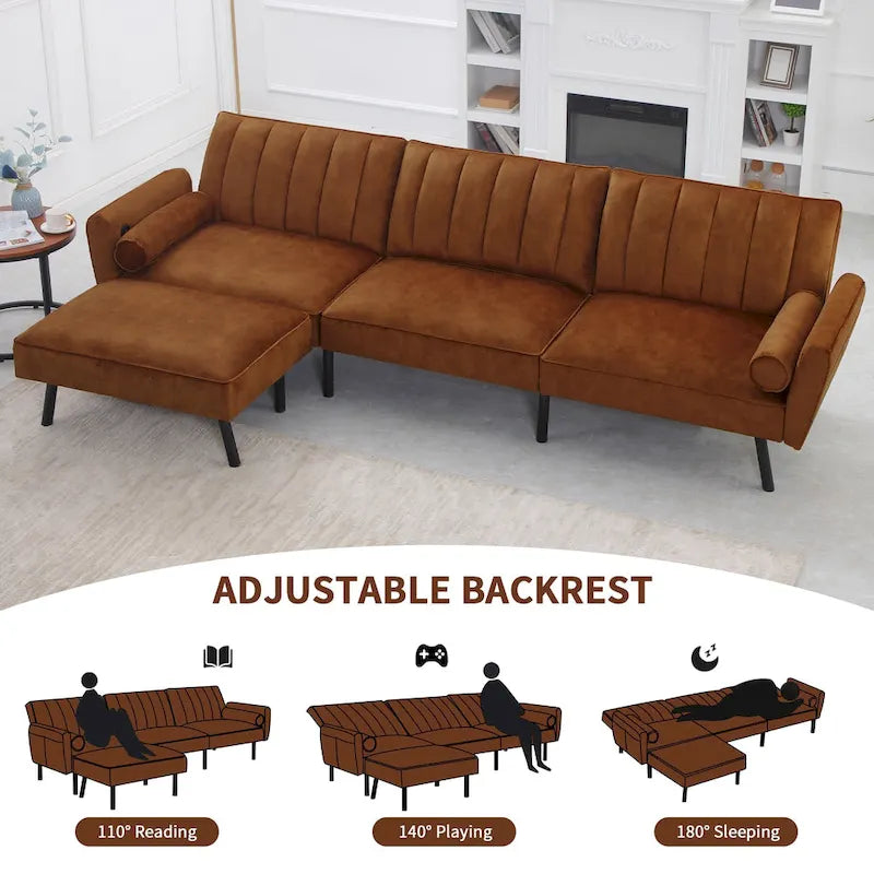 Convertible Sofa Sleeper Futon with Chaise Ottoman for Office, Velvet Futon Sofa Bed Couch