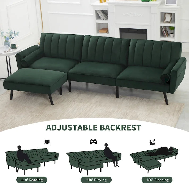 Convertible Sofa Sleeper Futon with Chaise Ottoman for Office, Velvet Futon Sofa Bed Couch