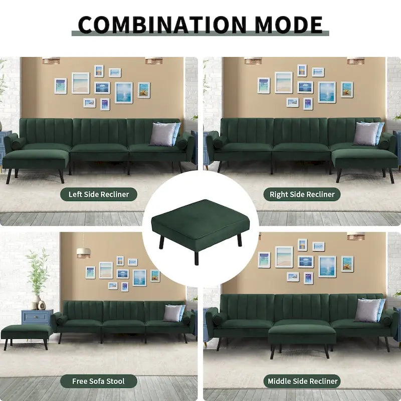Convertible Sofa Sleeper Futon with Chaise Ottoman for Office, Velvet Futon Sofa Bed Couch
