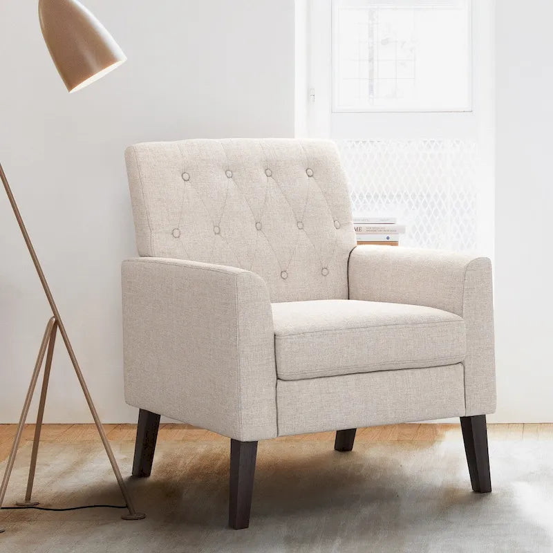 LUE BONA Linen and Walnut Legs Mid Century Modern Button Tufted Accent Chair - 29.53 H X 30 W X 33.07 D