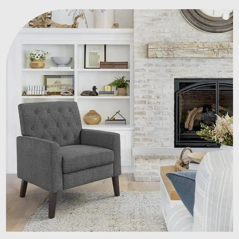 LUE BONA Linen and Walnut Legs Mid Century Modern Button Tufted Accent Chair - 29.53 H X 30 W X 33.07 D