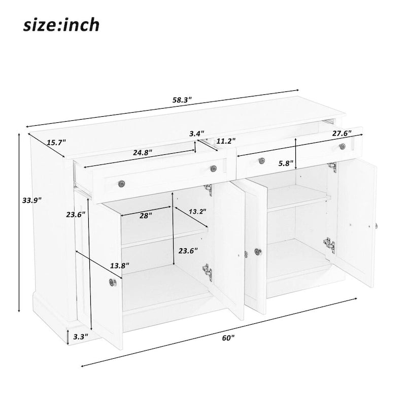 Kitchen Sideboard Storage Buffet Cabinet with 2 Drawers & 4 Doors Adjustable Shelves for Dining Room, Living Room (White)