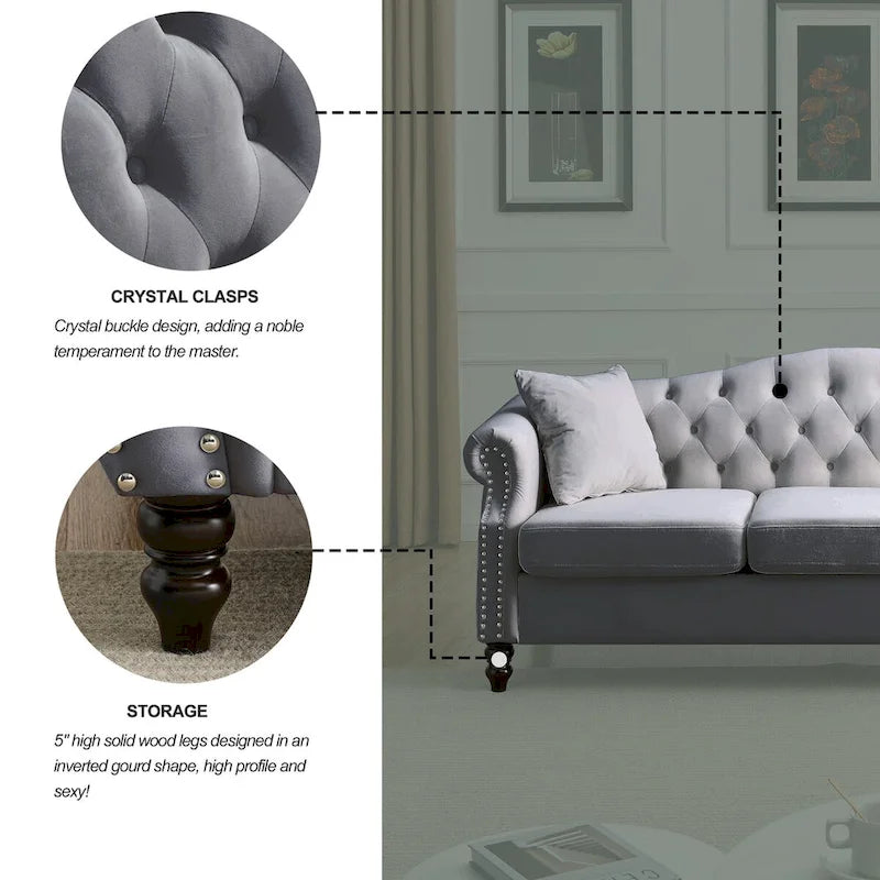 79 Chesterfield Sofa Velvet for Living Room, 3 Seater Sofa Tufted Couch with Rolled Arms and Nailhead ,two pillows