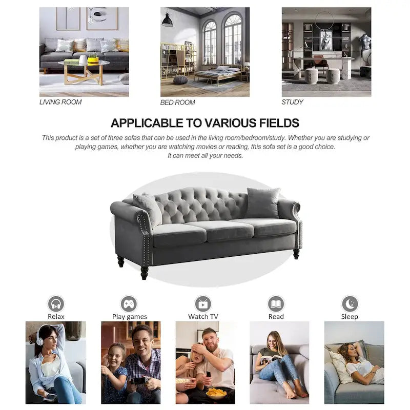 79 Chesterfield Sofa Velvet for Living Room, 3 Seater Sofa Tufted Couch with Rolled Arms and Nailhead ,two pillows