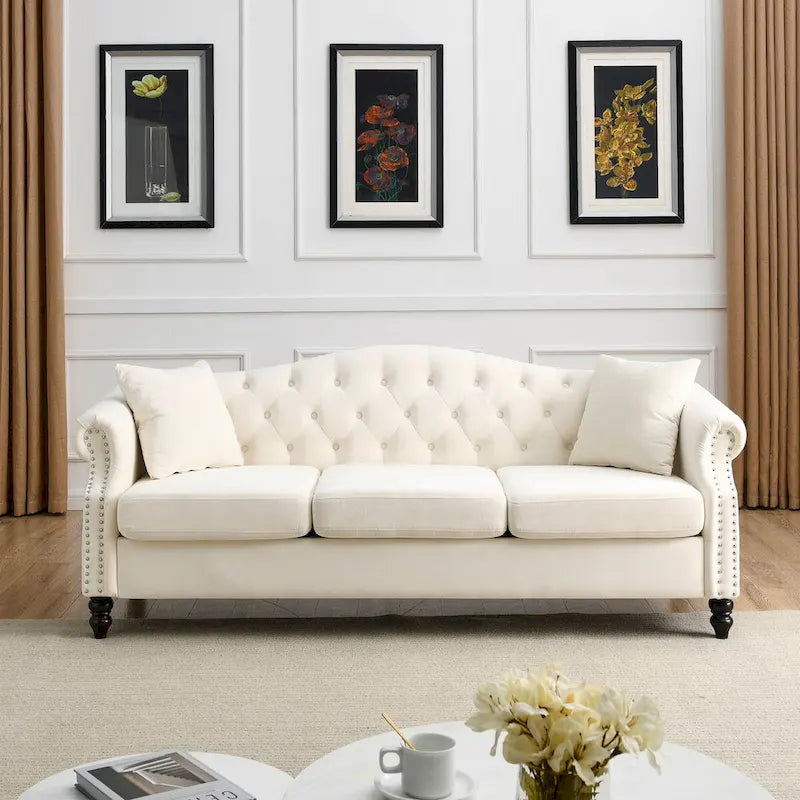 79 Chesterfield Sofa Velvet for Living Room, 3 Seater Sofa Tufted Couch with Rolled Arms and Nailhead ,two pillows