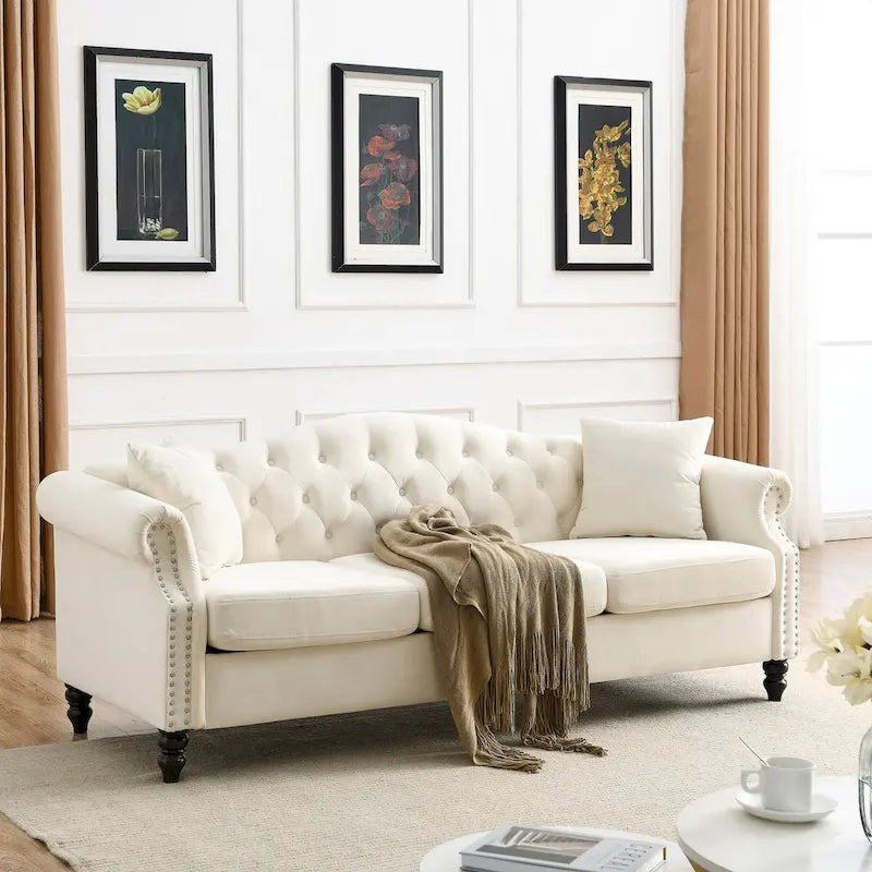79 Chesterfield Sofa Velvet for Living Room, 3 Seater Sofa Tufted Couch with Rolled Arms and Nailhead ,two pillows