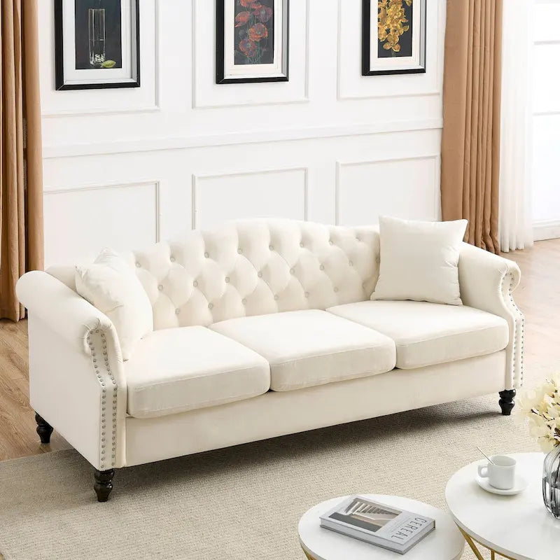 79 Chesterfield Sofa Velvet for Living Room, 3 Seater Sofa Tufted Couch with Rolled Arms and Nailhead ,two pillows