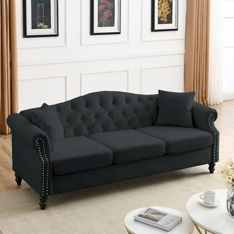 79 Chesterfield Sofa Velvet for Living Room, 3 Seater Sofa Tufted Couch with Rolled Arms and Nailhead ,two pillows