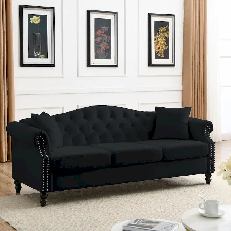79 Chesterfield Sofa Velvet for Living Room, 3 Seater Sofa Tufted Couch with Rolled Arms and Nailhead ,two pillows