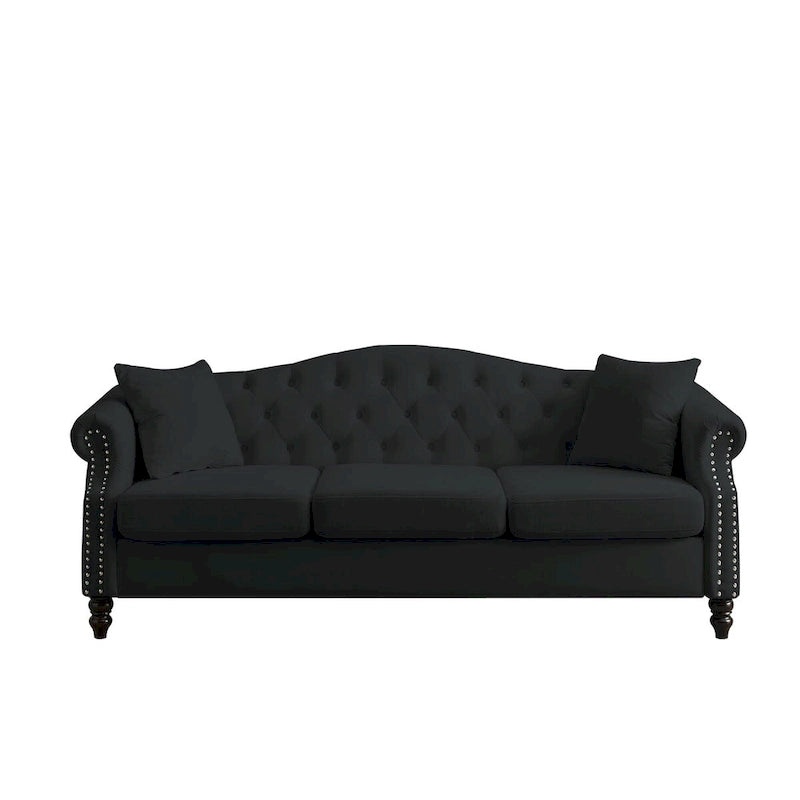 79 Chesterfield Sofa Velvet for Living Room, 3 Seater Sofa Tufted Couch with Rolled Arms and Nailhead ,two pillows