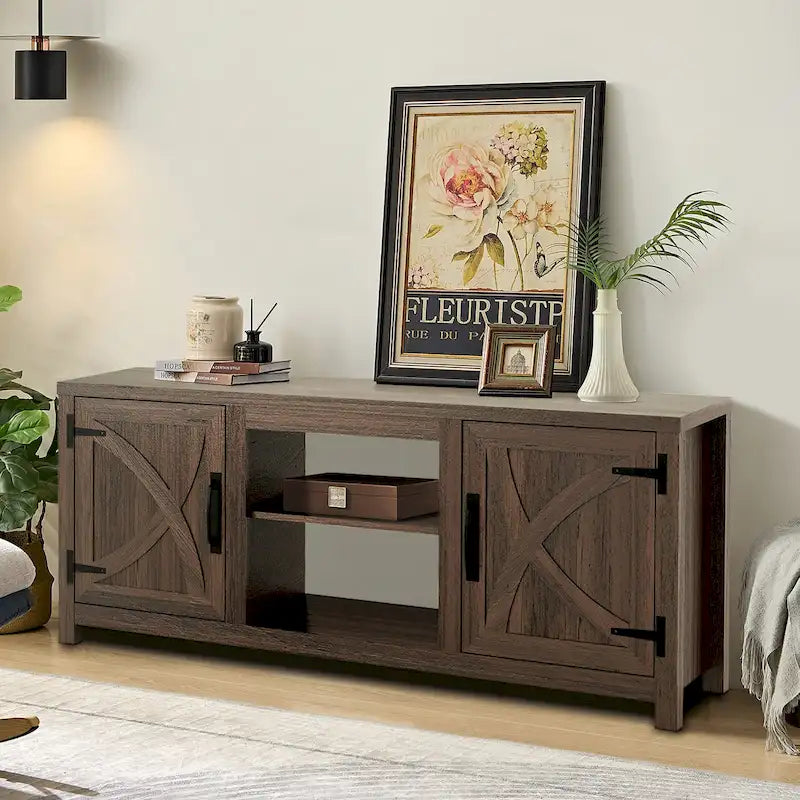 58 Farmhouse Barn Door Entryway Storage Console Table TV Stand - 58 inches in width