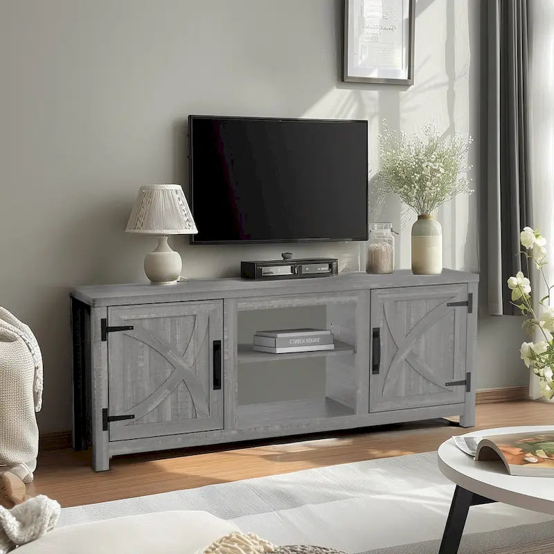 58 Farmhouse Barn Door Entryway Storage Console Table TV Stand - 58 inches in width