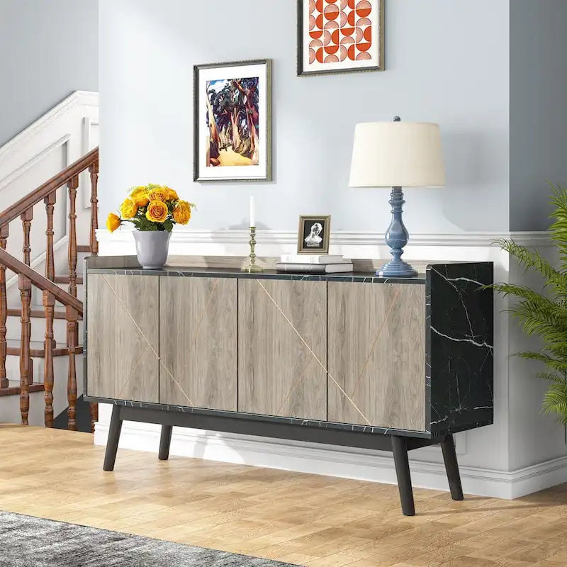 55 inch Buffet Cabinet Kitchen Sideboard Buffet Table Coffee Bar with Storage and Doors for Dining Room Living Room Entryway