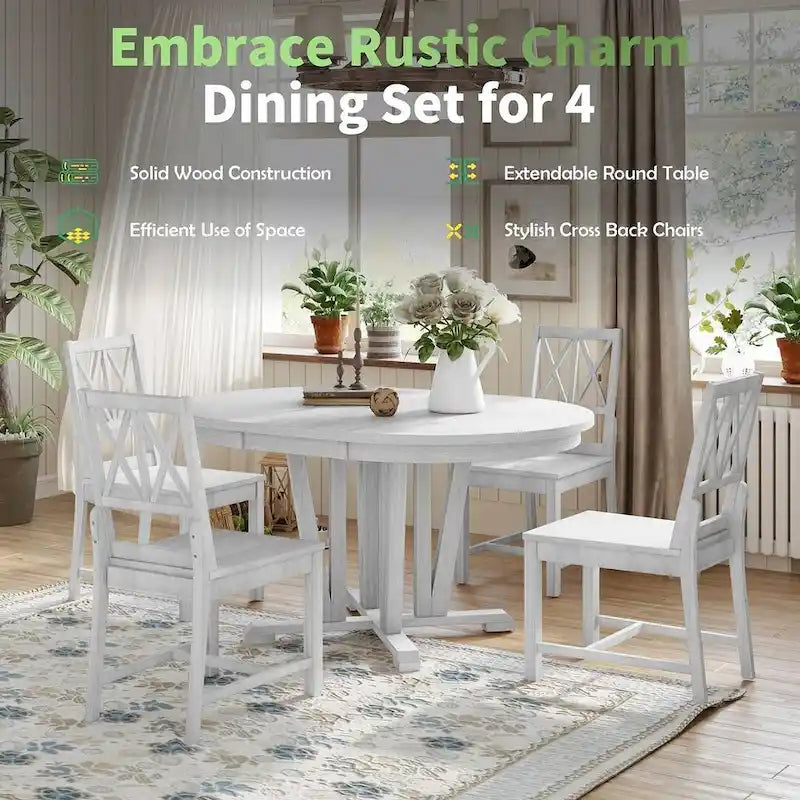 Farmhouse Solid Wood 4 Person Round Extendable Dining Table Set for Kitchen, Dining Room