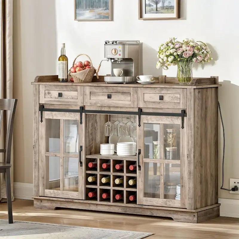 Moasis Farmhouse Sideboard Buffet with Wine Racks Storage Bar Cabinet with Drawers