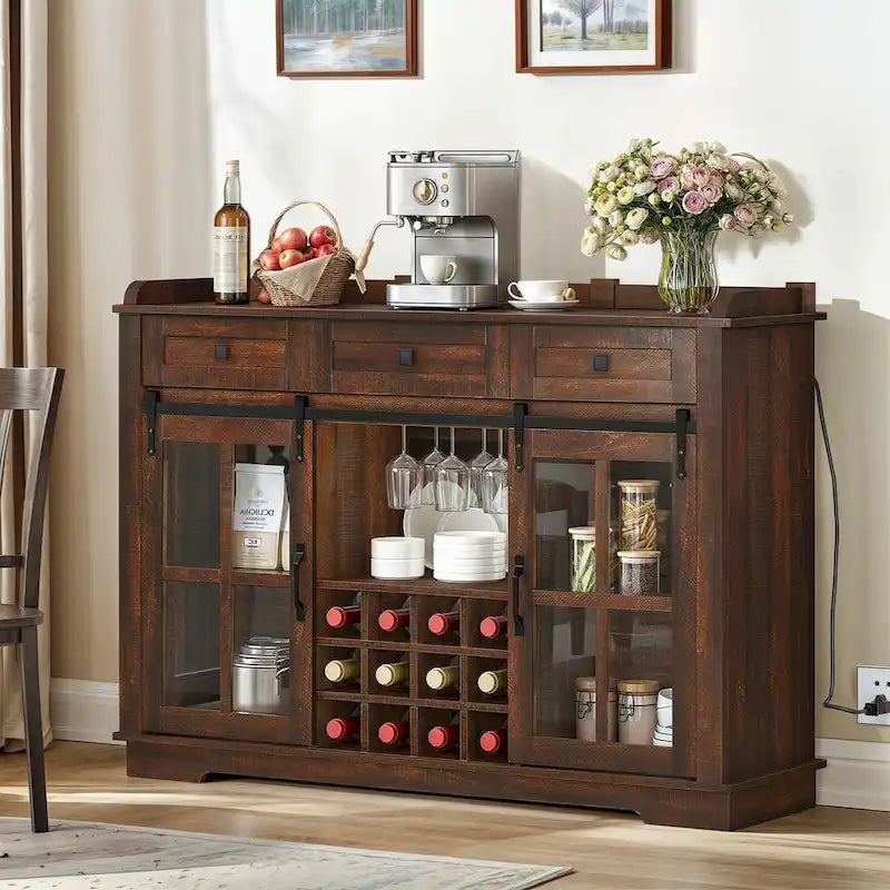 Moasis Farmhouse Sideboard Buffet with Wine Racks Storage Bar Cabinet with Drawers
