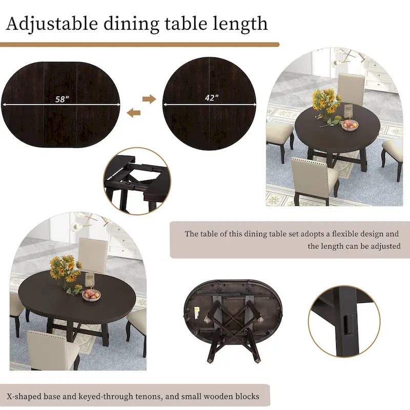 5-Piece Farmhouse Dining Table Set Wood Round Extendable Dining Table and 4 Upholstered Dining Chairs