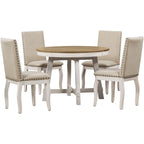 5-Piece Farmhouse Dining Table Set Wood Round Extendable Dining Table and 4 Upholstered Dining Chairs