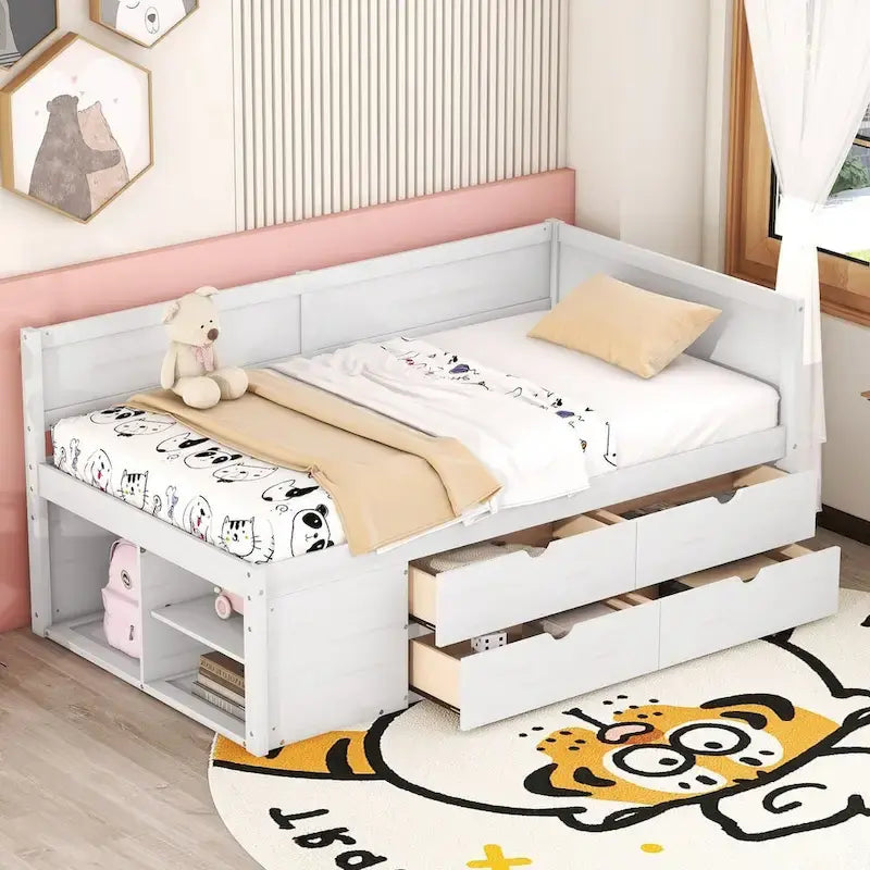 Daybed with Storage Drawers and Bookcase Shelves,Captains Corner Day Bed for Kids Boys Girls Adults