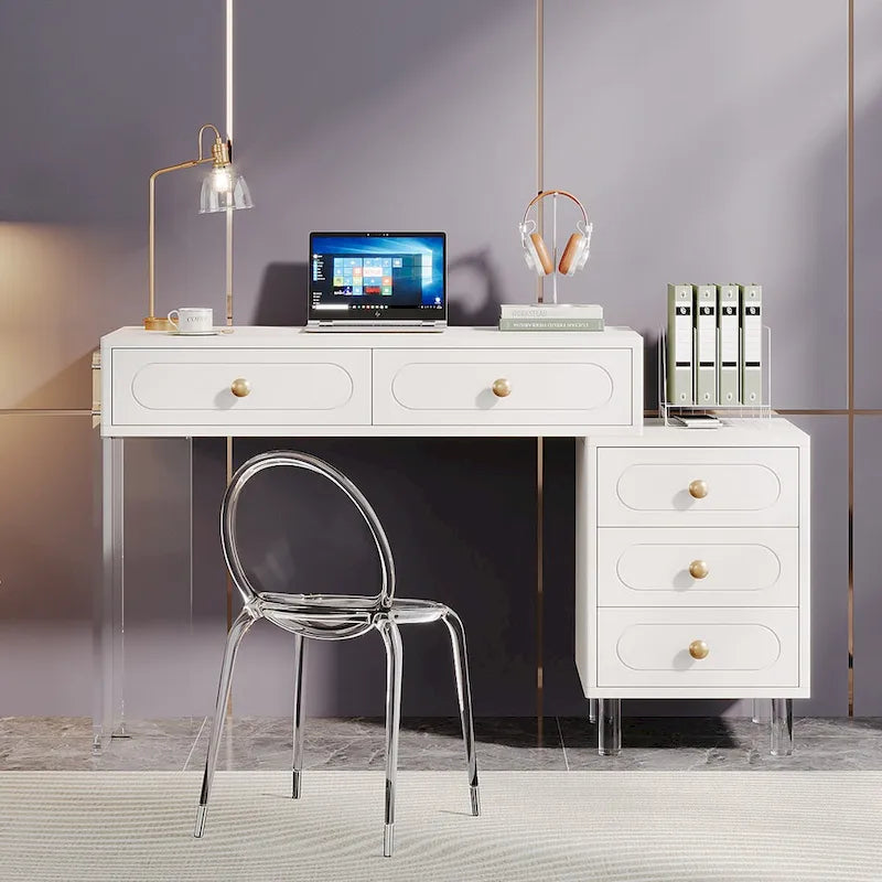 White 5-Drawer Computer Writing Desk with Acrylic Base for Home Office