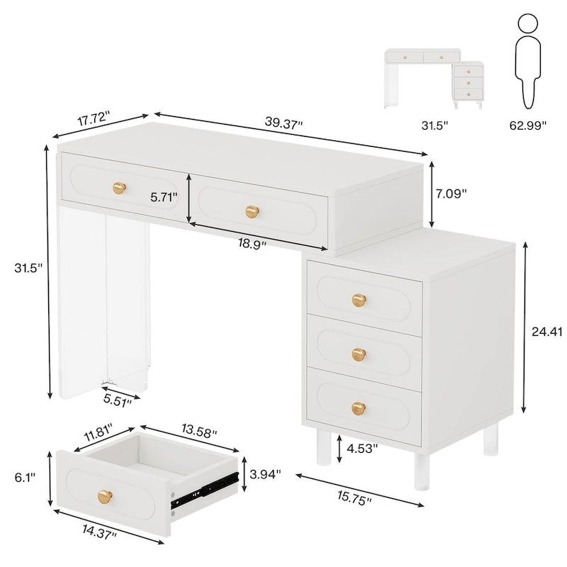 White 5-Drawer Computer Writing Desk with Acrylic Base for Home Office