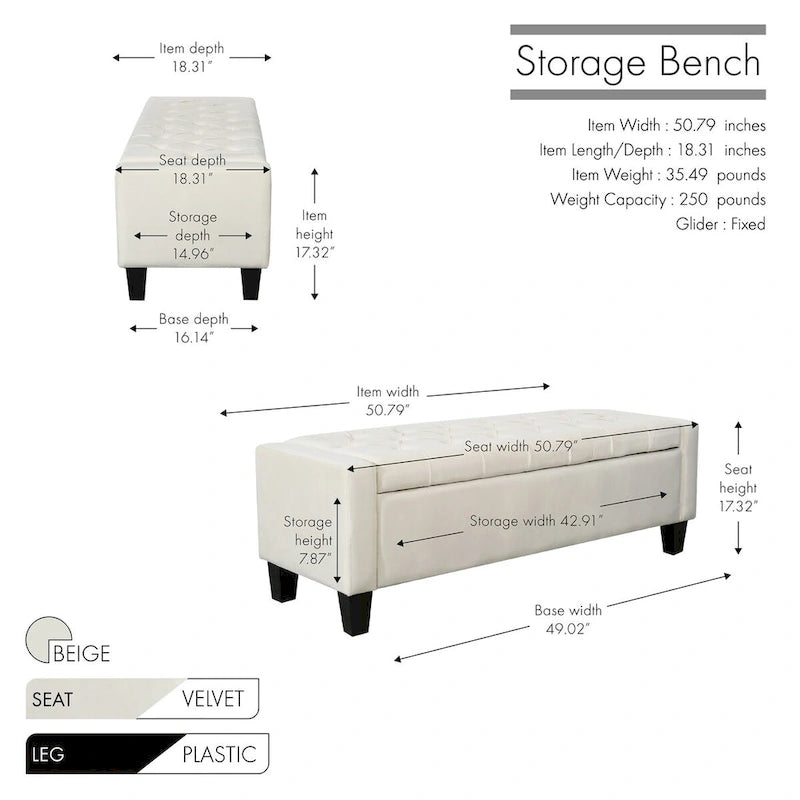 Velvet Storage Bench - Button Tufted - Flip Top Lid - 250lb Capacity