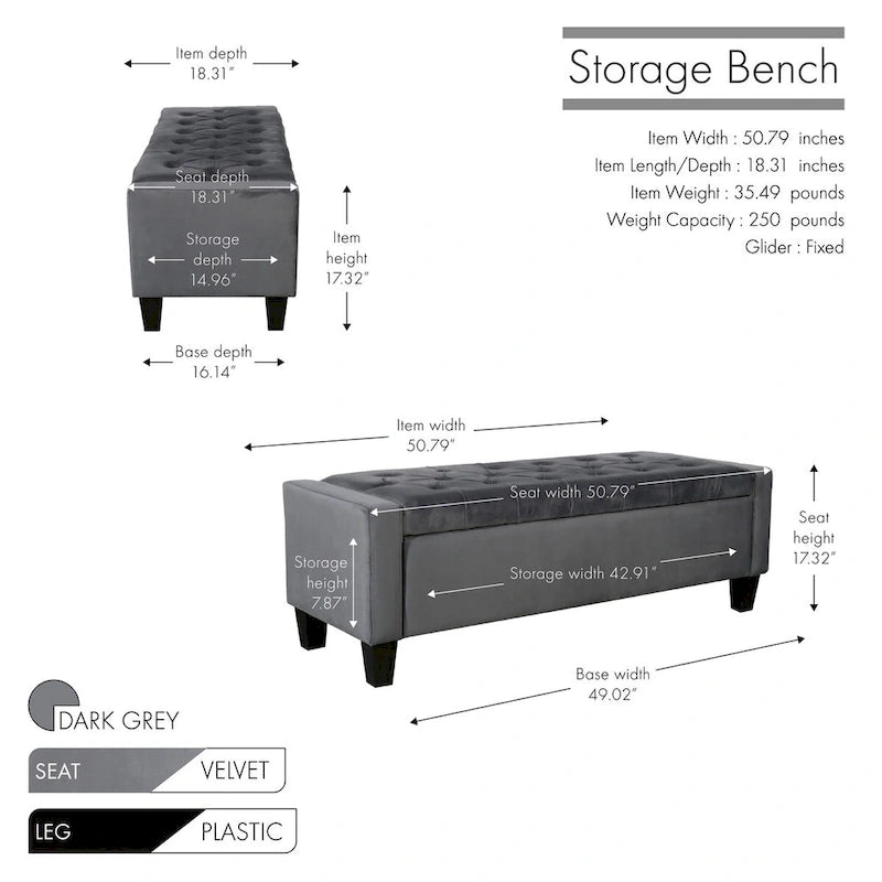 Velvet Storage Bench - Button Tufted - Flip Top Lid - 250lb Capacity