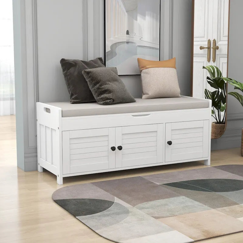 Birch Storage Bench - 3 Shutter Doors - Removable Cushion - Seats 2