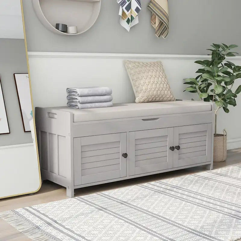 Birch Storage Bench - 3 Shutter Doors - Removable Cushion - Seats 2
