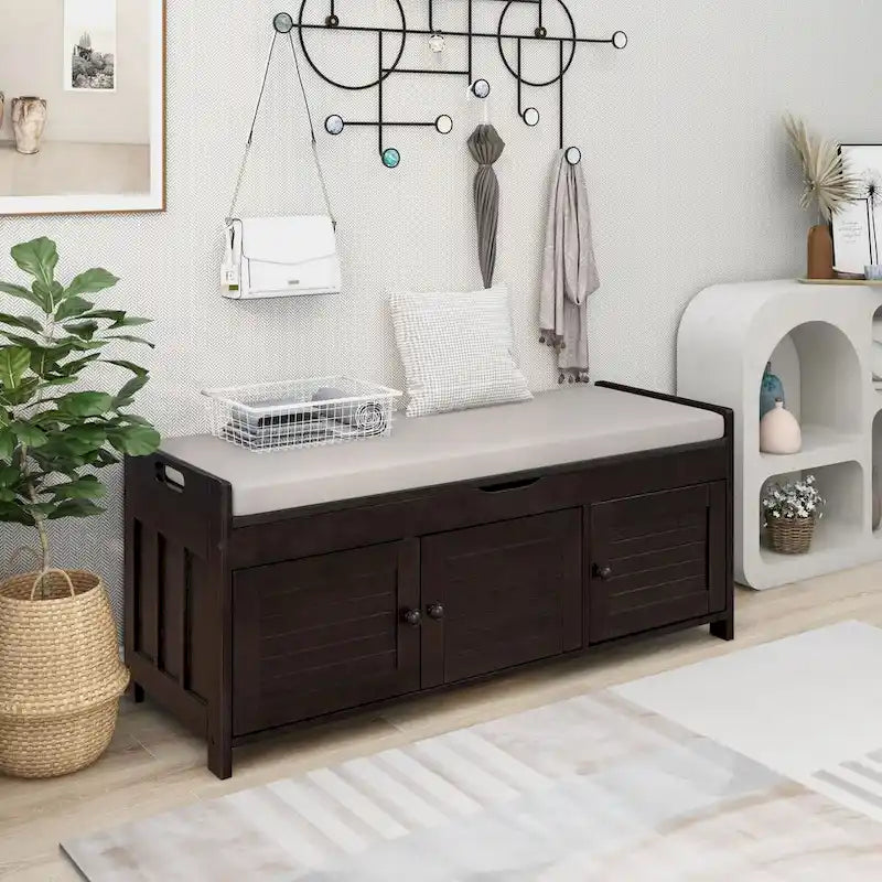 Birch Storage Bench - 3 Shutter Doors - Removable Cushion - Seats 2