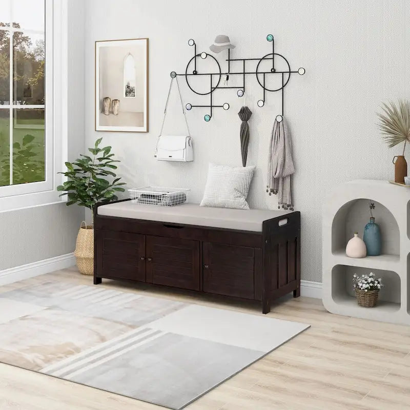 Birch Storage Bench - 3 Shutter Doors - Removable Cushion - Seats 2