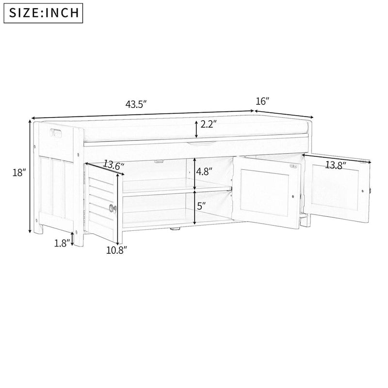 Birch Storage Bench - 3 Shutter Doors - Removable Cushion - Seats 2