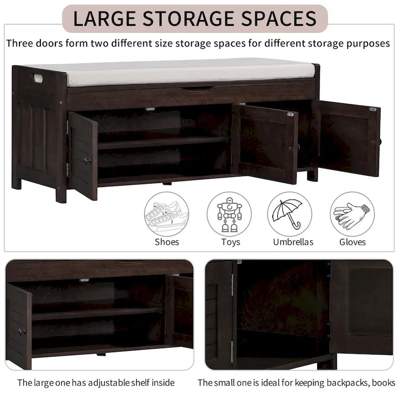 Birch Storage Bench - 3 Shutter Doors - Removable Cushion - Seats 2
