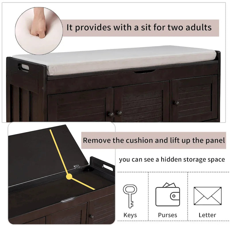 Birch Storage Bench - 3 Shutter Doors - Removable Cushion - Seats 2