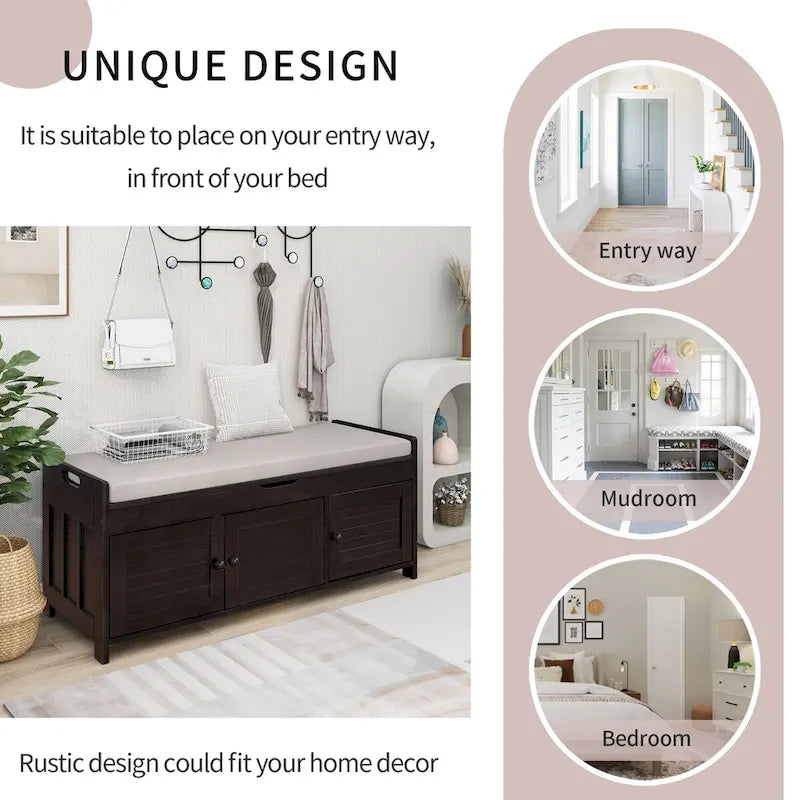 Birch Storage Bench - 3 Shutter Doors - Removable Cushion - Seats 2
