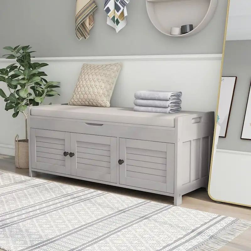 Birch Storage Bench - 3 Shutter Doors - Removable Cushion - Seats 2