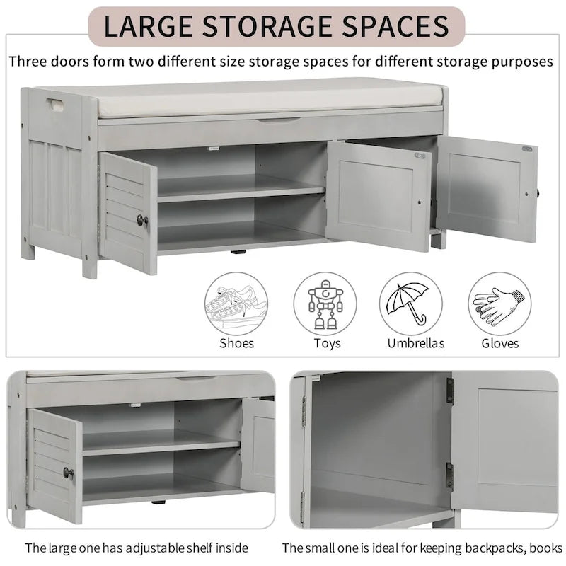 Birch Storage Bench - 3 Shutter Doors - Removable Cushion - Seats 2