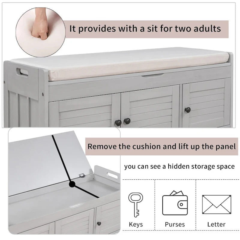 Birch Storage Bench - 3 Shutter Doors - Removable Cushion - Seats 2