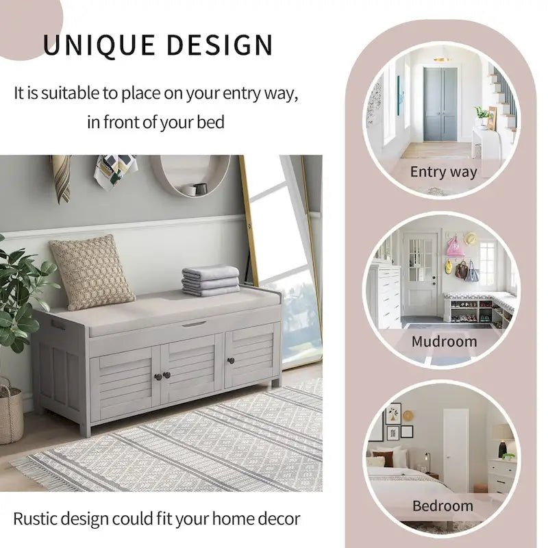 Birch Storage Bench - 3 Shutter Doors - Removable Cushion - Seats 2