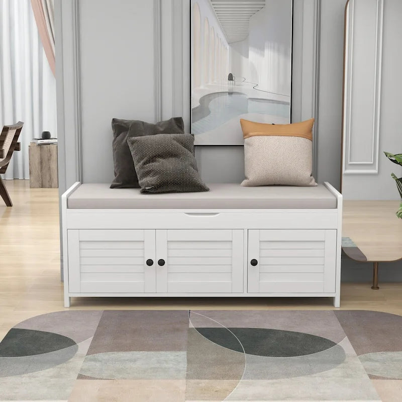Birch Storage Bench - 3 Shutter Doors - Removable Cushion - Seats 2