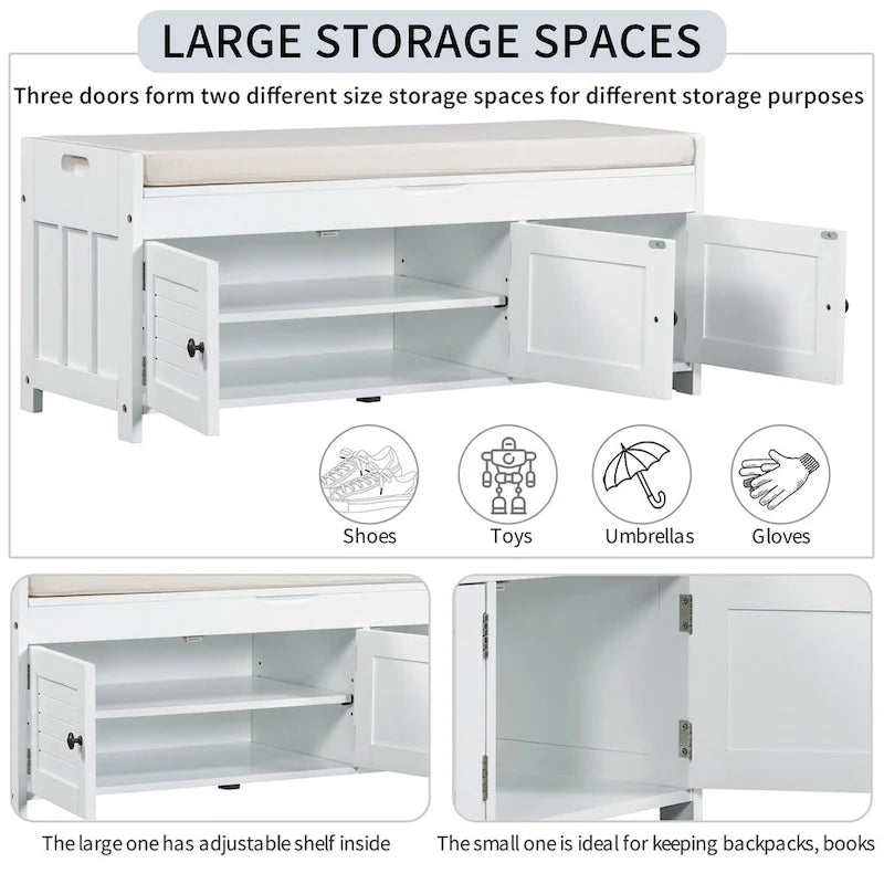 Birch Storage Bench - 3 Shutter Doors - Removable Cushion - Seats 2