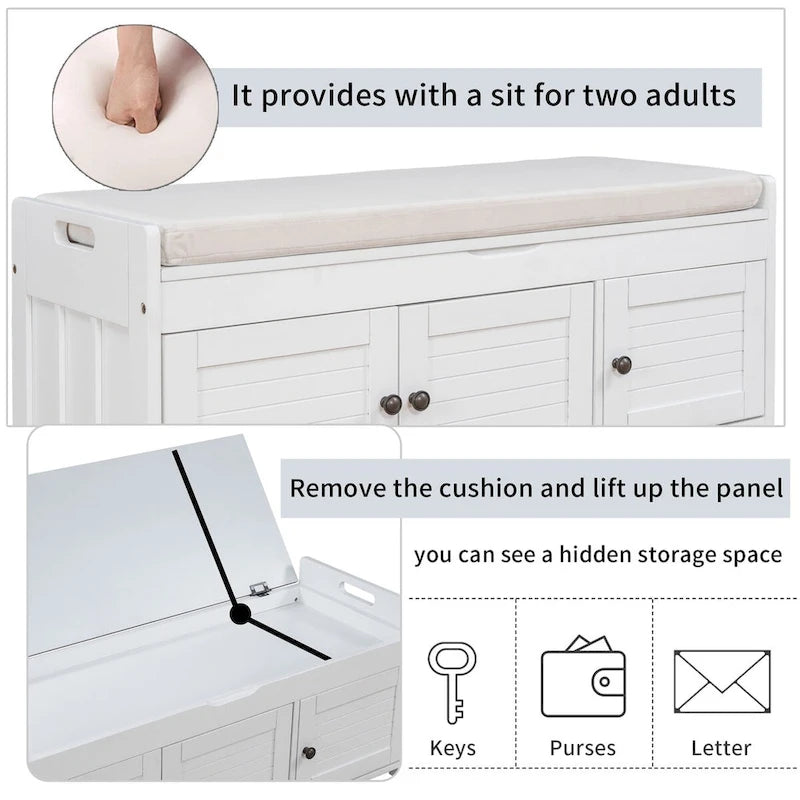 Birch Storage Bench - 3 Shutter Doors - Removable Cushion - Seats 2