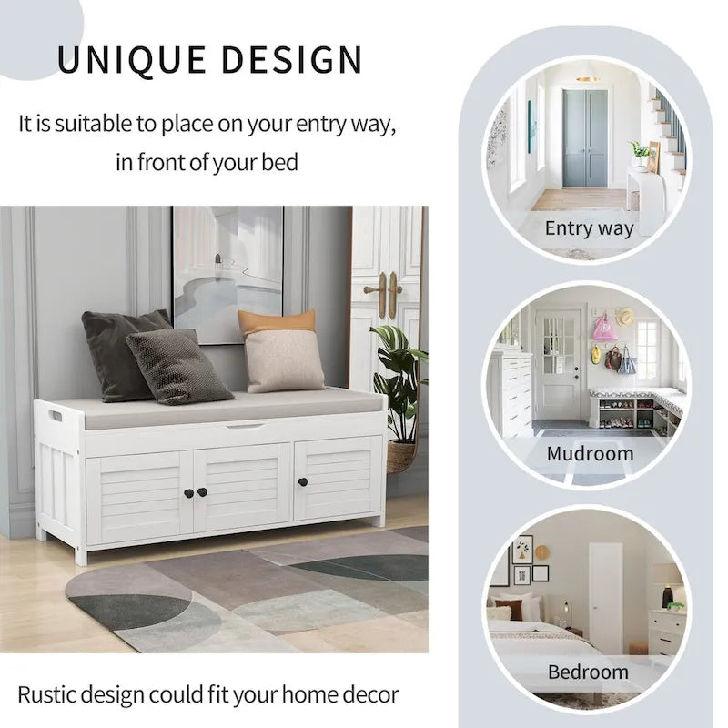Birch Storage Bench - 3 Shutter Doors - Removable Cushion - Seats 2