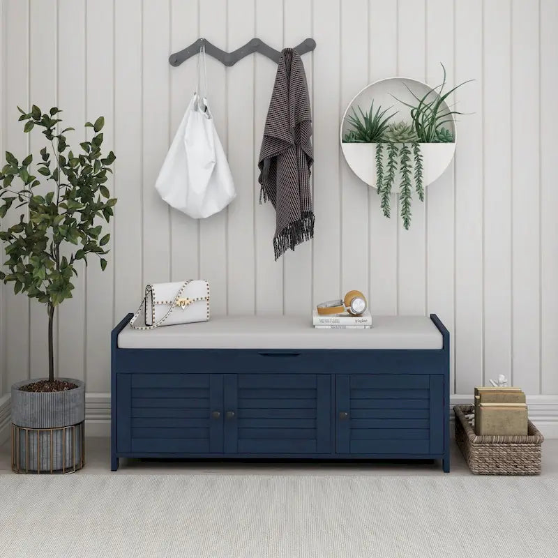 Birch Storage Bench - 3 Shutter Doors - Removable Cushion - Seats 2