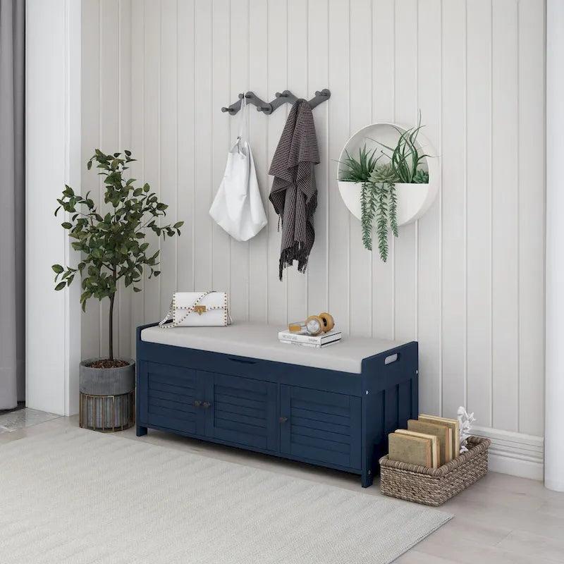 Birch Storage Bench - 3 Shutter Doors - Removable Cushion - Seats 2