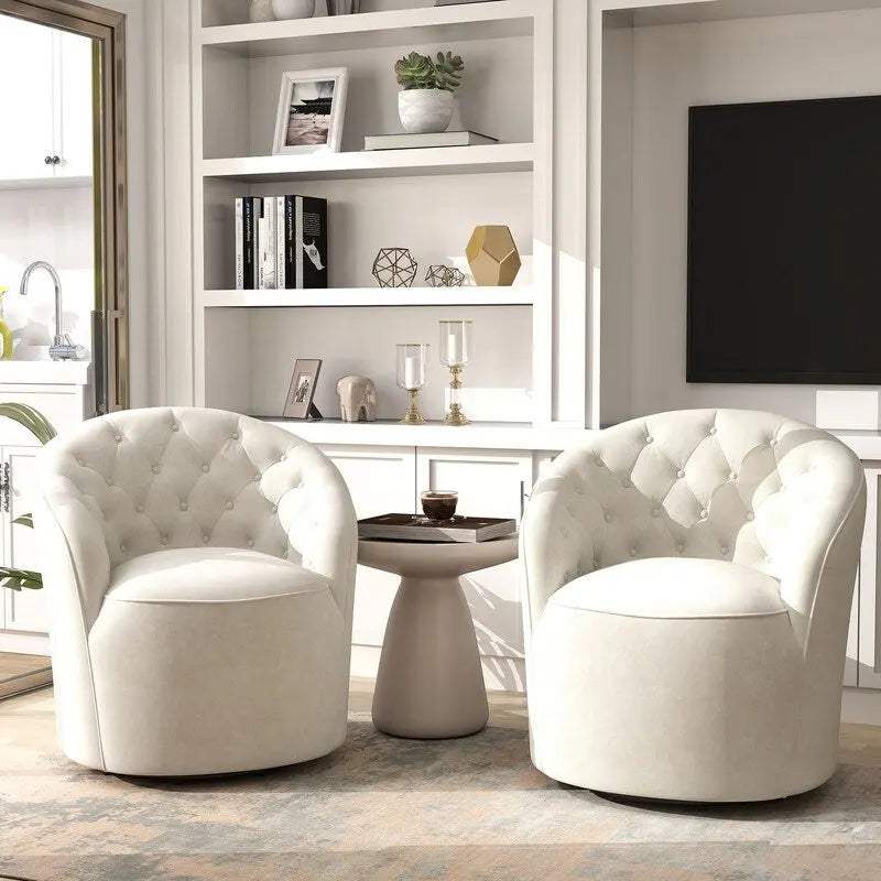 SEYNAR Modern Velvet Upholstered 360 Degree Swivel Barrel Chair with Button Tufted Back Set of 2