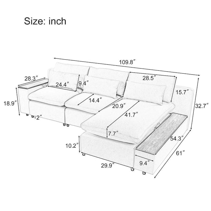 L-shaped Modular Sectional Sofa with Removable Back Cushions and Storage Space