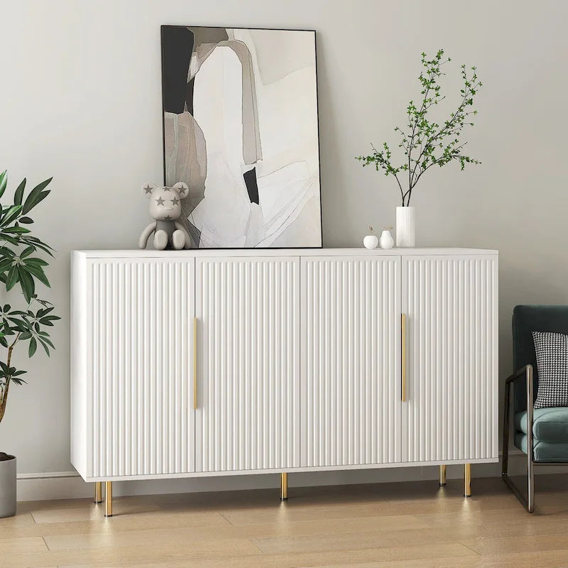Fluted Panel Sideboard - Adjustable Shelves - Metal Handles - Art Deco Style